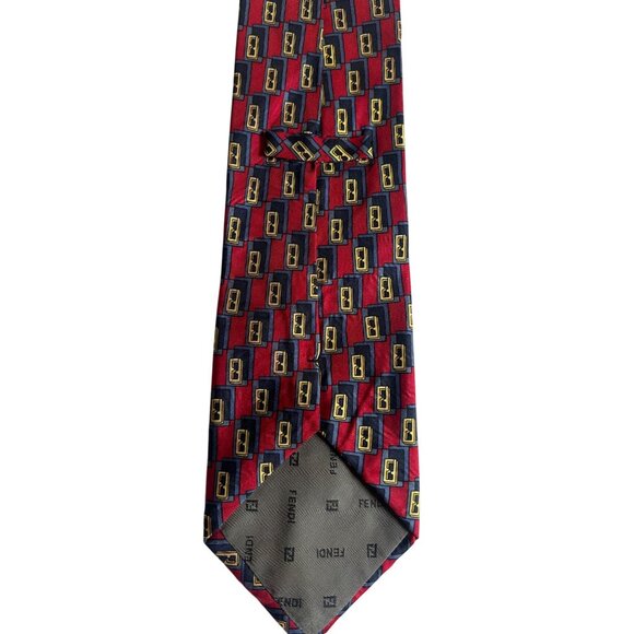 Fendi Men's Silk Geometric Pattern Tie - Red & Blue - Picture 4 of 9